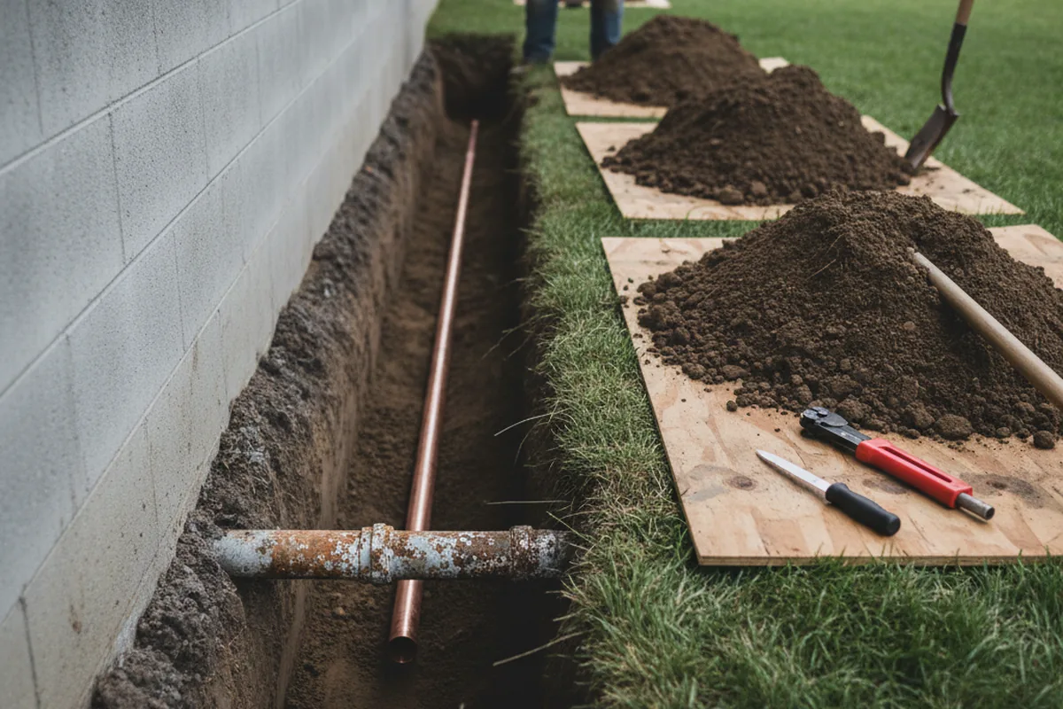 Excavated water line trench during Water Heater Repair in Irvine